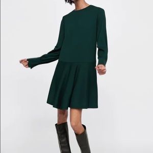 Zara Bottle Green Drop Waist Jersey Dress
